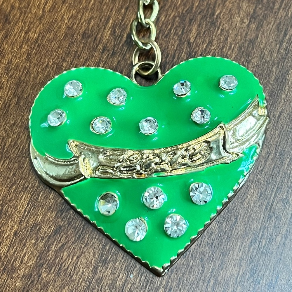 Gold And Green Enamel Heart Keychain with "Love" and CZ Diamonds